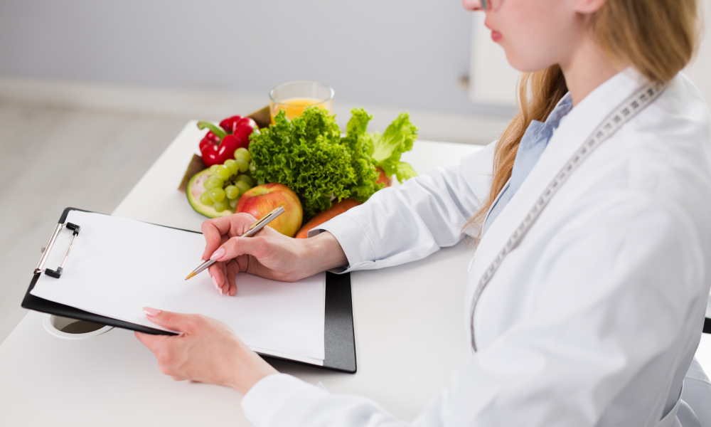 diet concept with female scientist healthy food 1